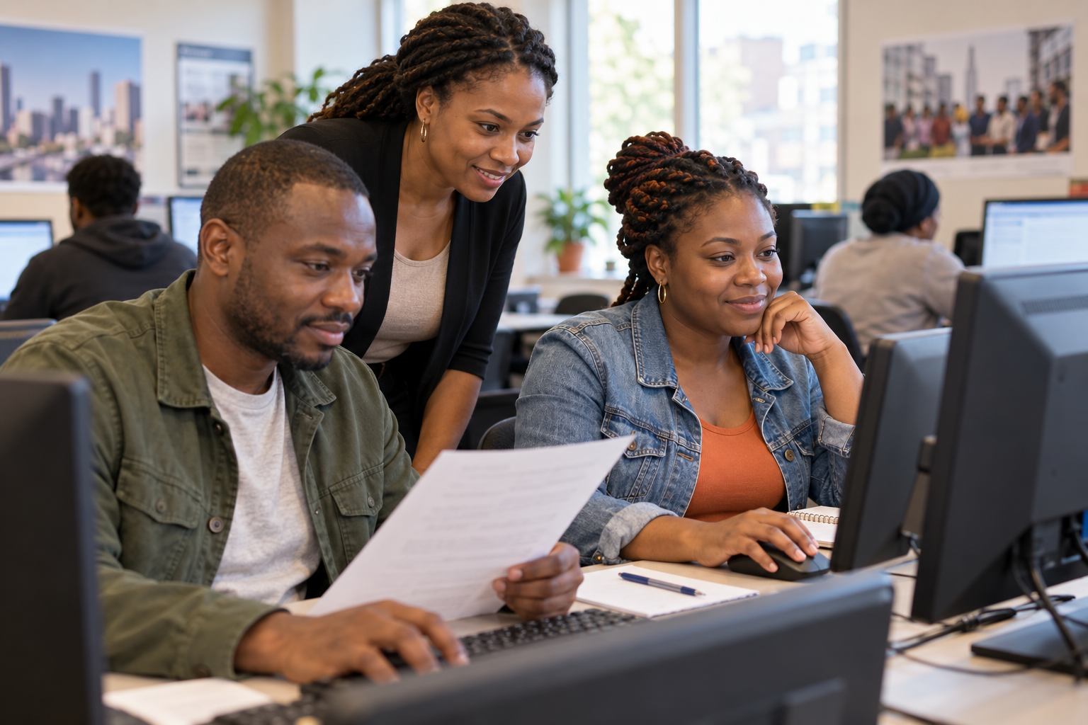 Job seekers prepare résumés at computers