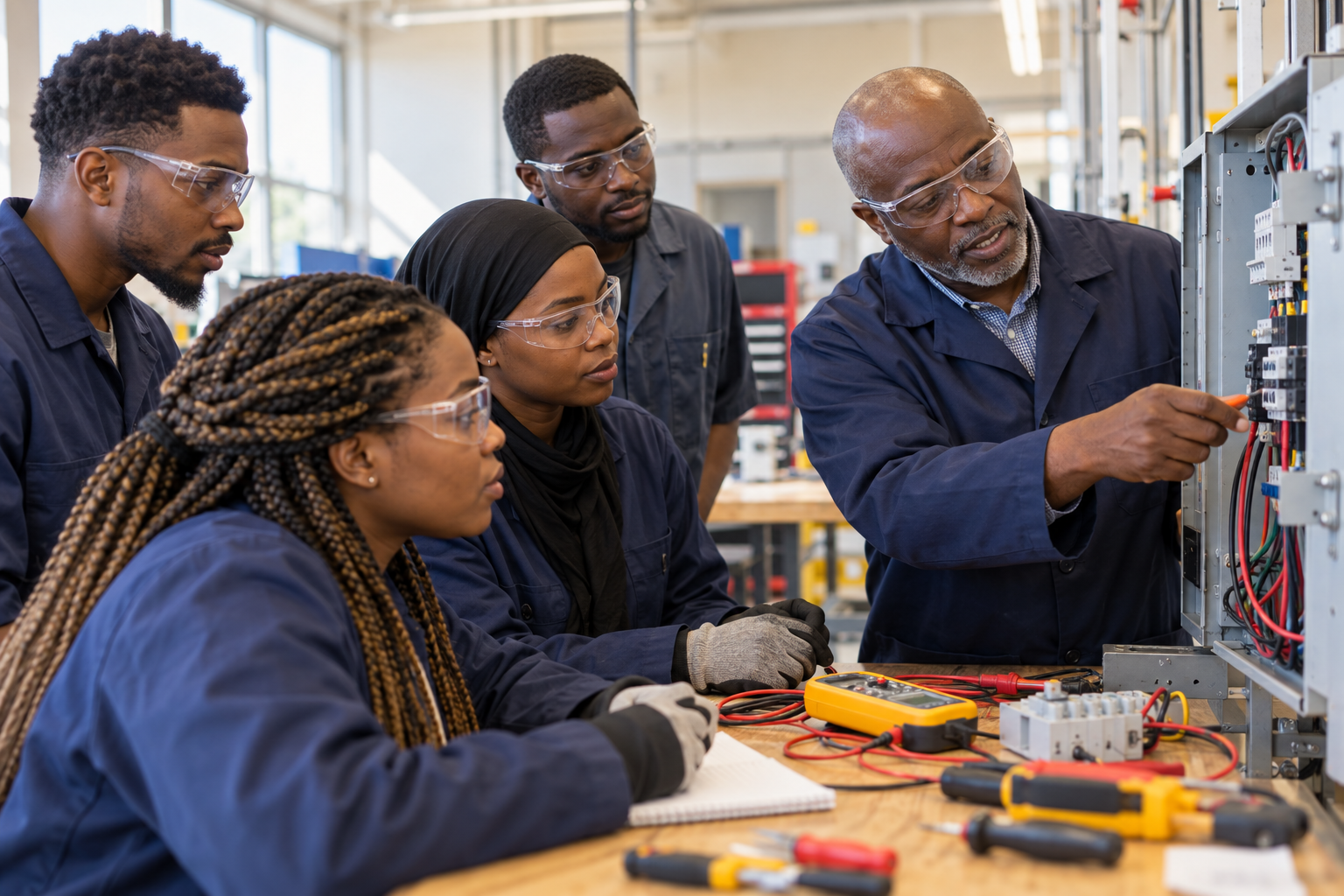 Adult learners practice electrical skills with an instructor