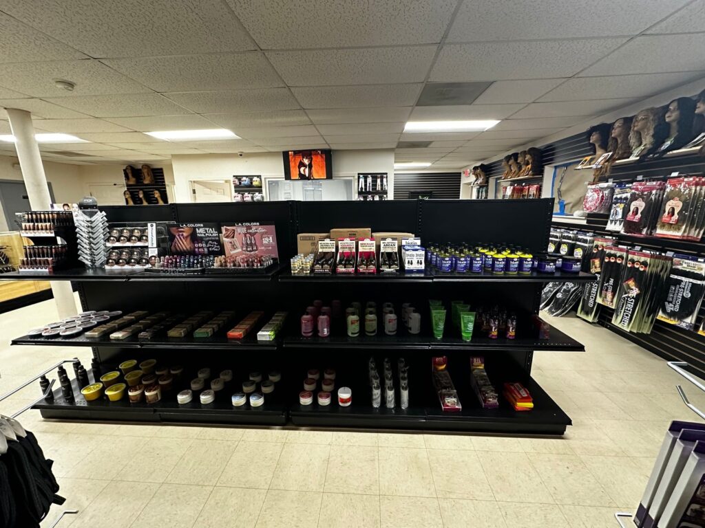 Hair and beauty products displayed at Tallawah Beauty Supply