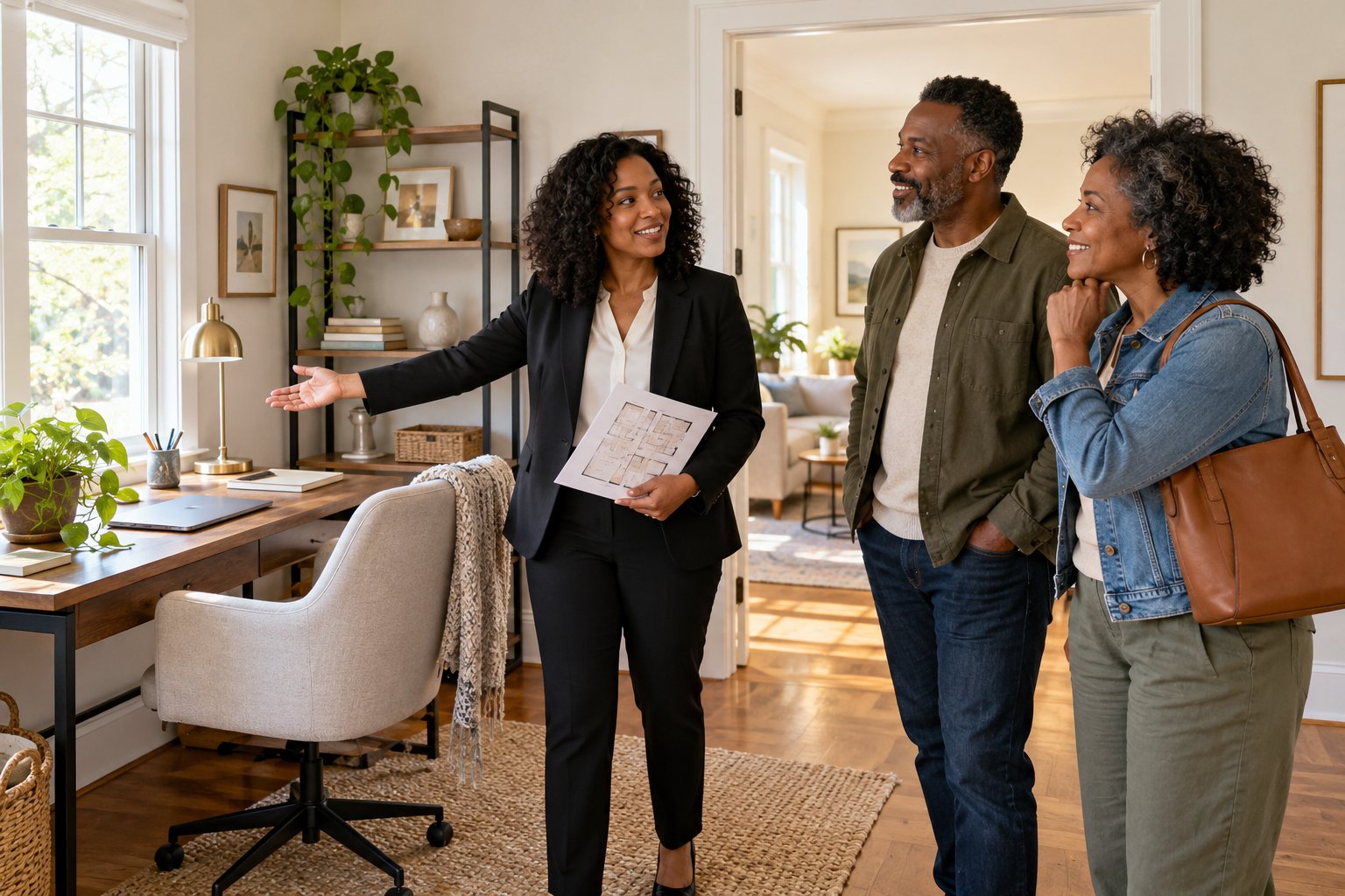 Midlife couple tours a flexible home office with a real estate agent