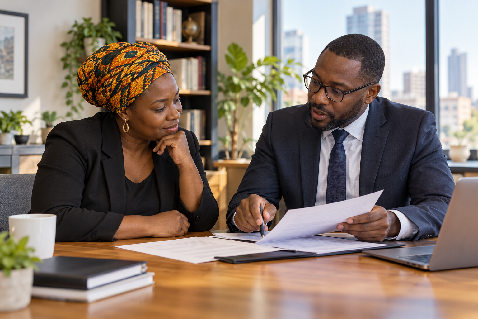 Business attorney discusses paperwork with an African immigrant entrepreneur