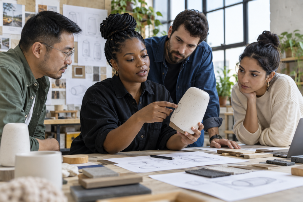 A diverse product team examines a physical prototype together