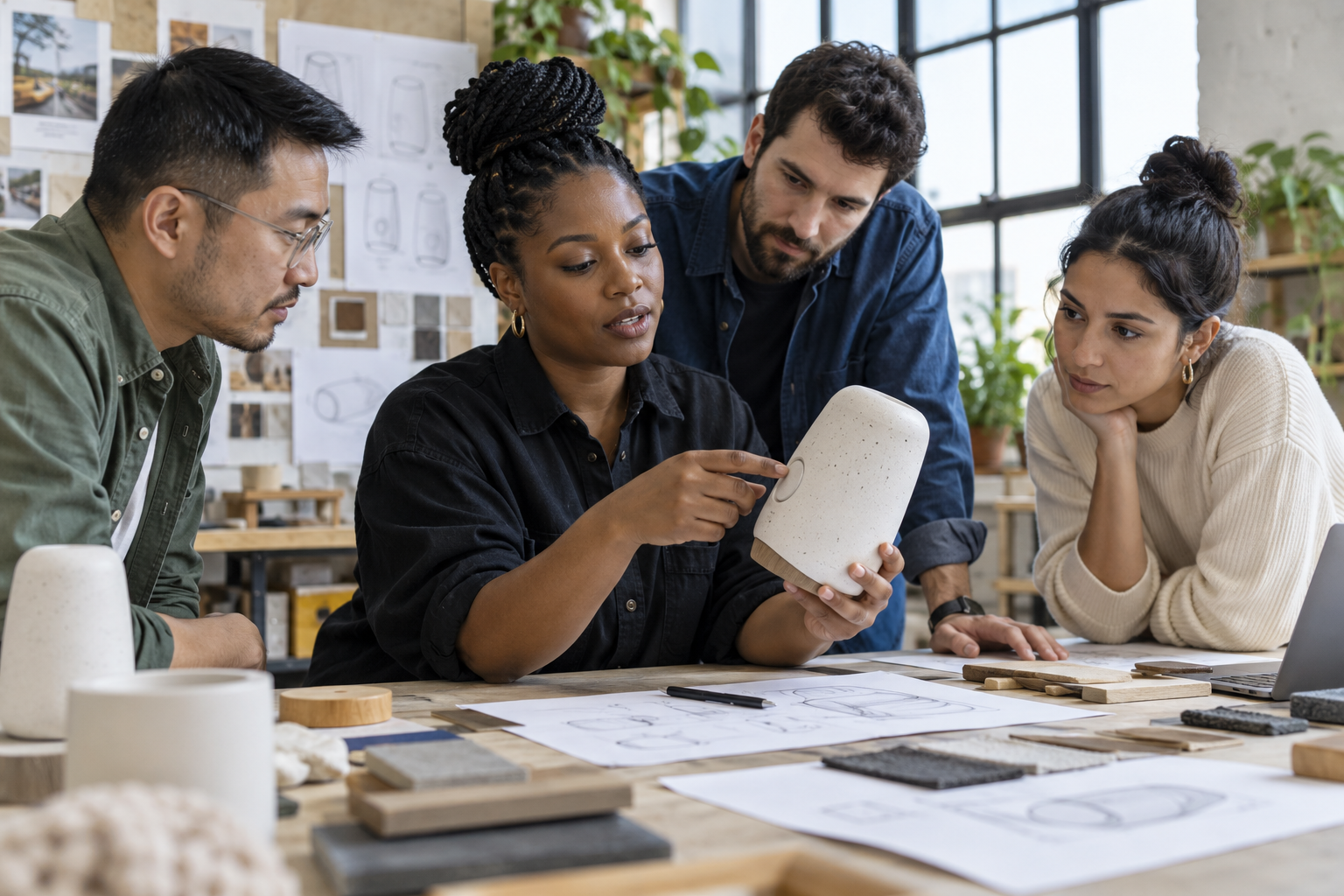 A diverse product team examines a physical prototype together