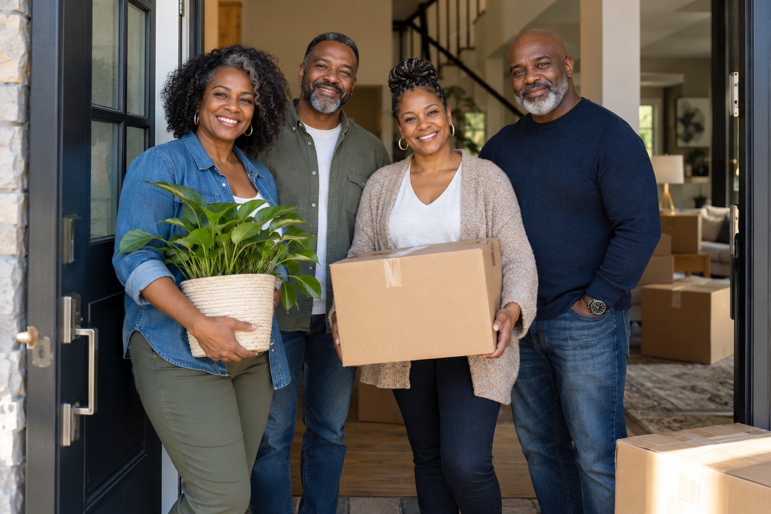 Diverse midlife friends welcome a new chapter at home with moving boxes