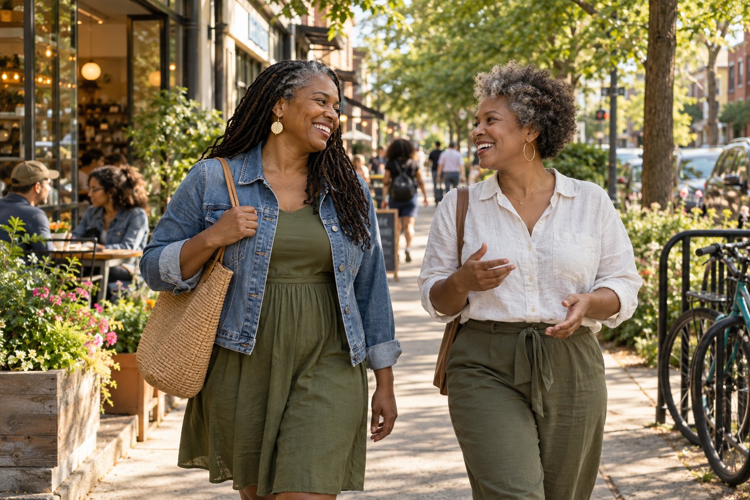 Two midlife friends walk through a welcoming neighborhood