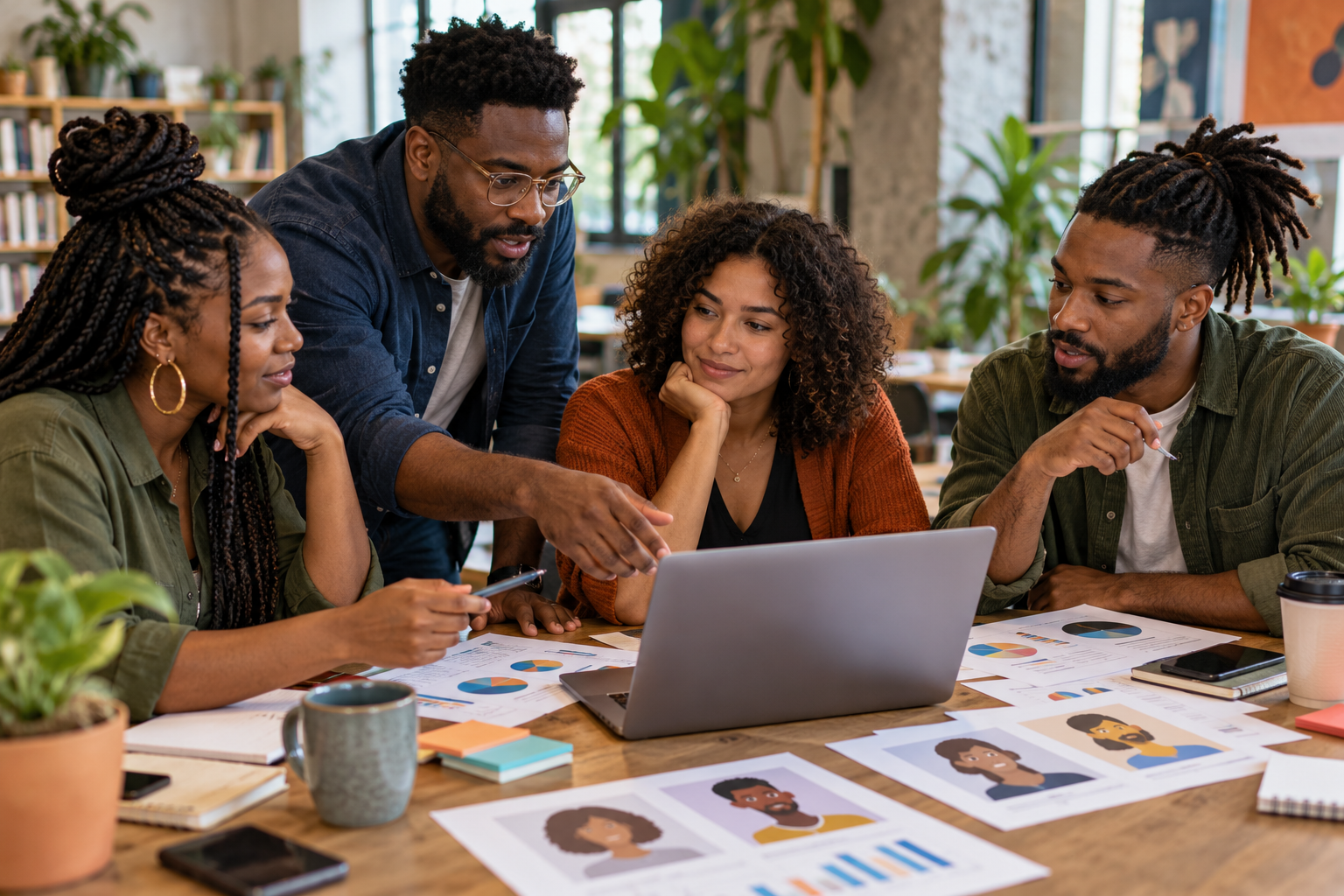 Diverse entrepreneurs review market research findings around a laptop