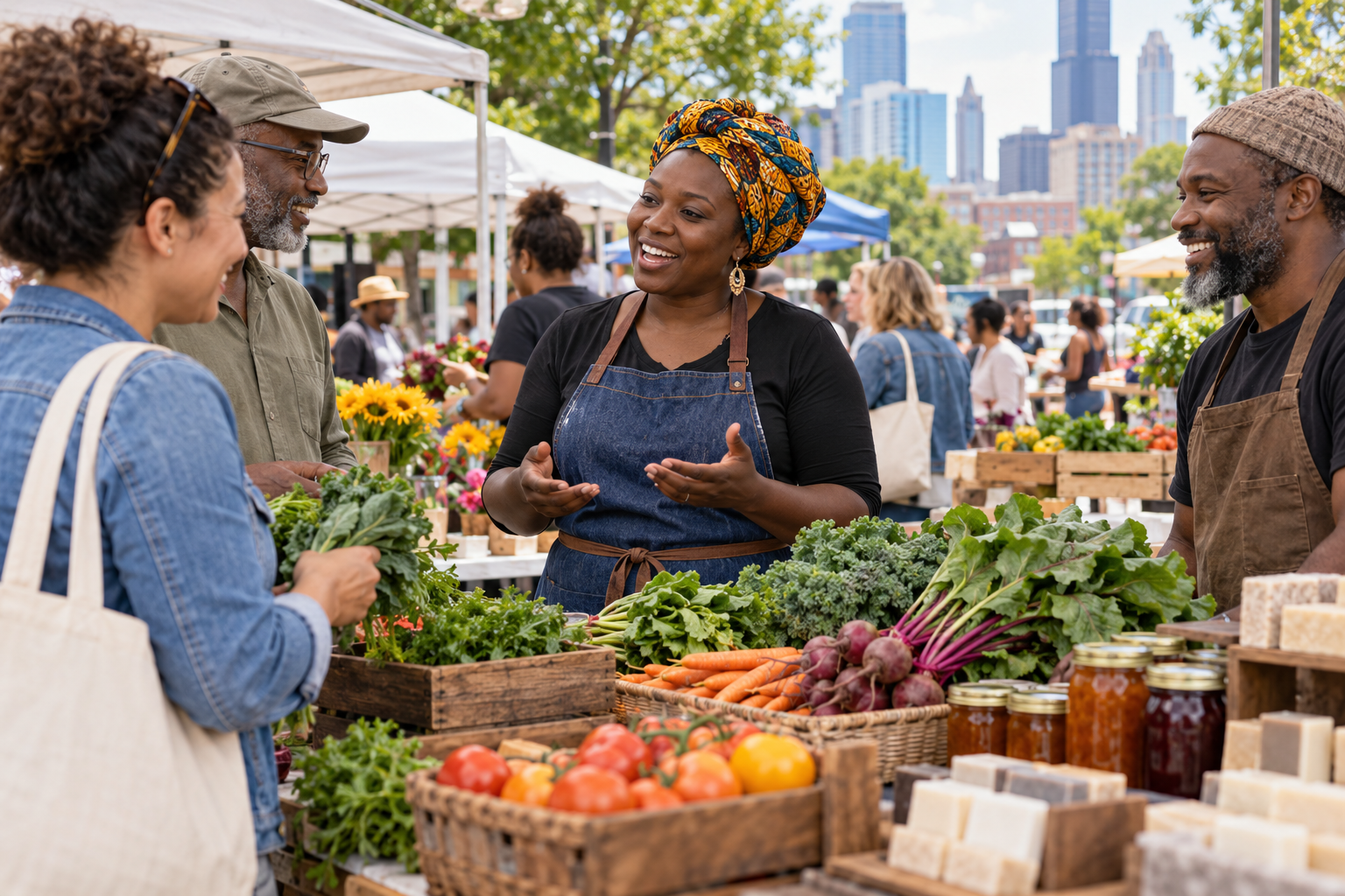 African immigrant entrepreneur speaks with neighbors at a community market