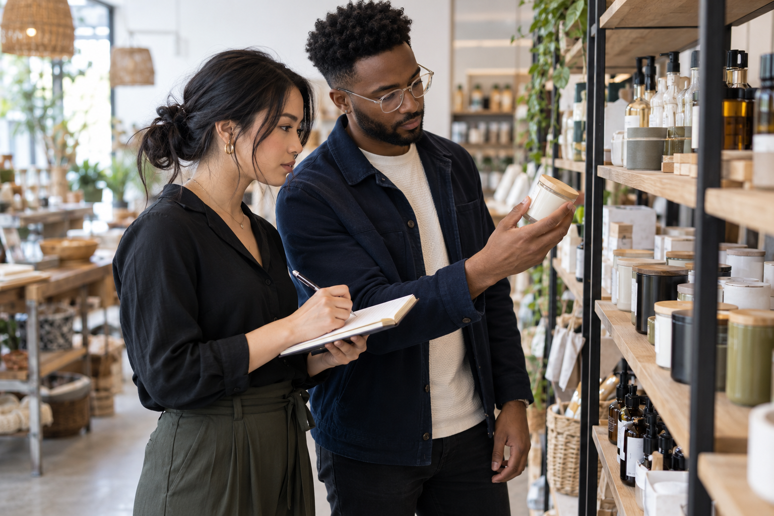 Two entrepreneurs compare products on a retail shelf and take notes