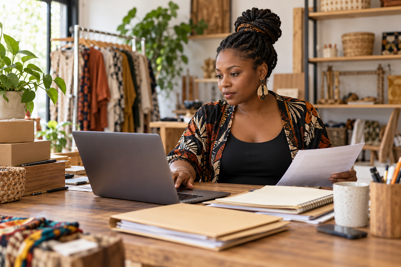African immigrant entrepreneur organizes business records on a laptop