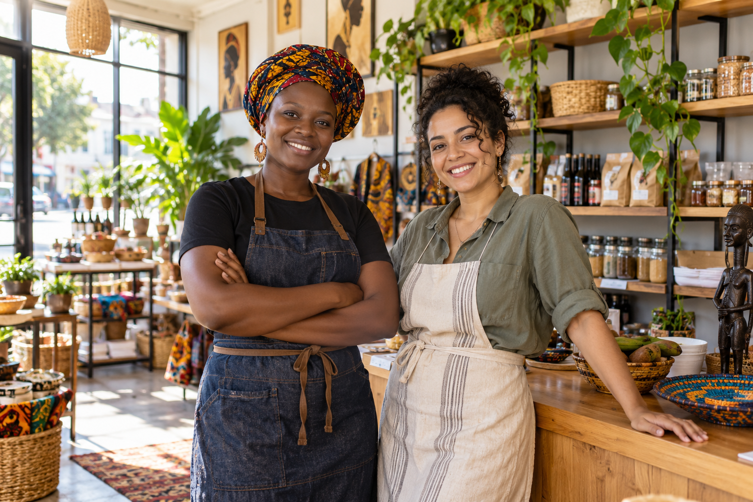 Two immigrant entrepreneurs in their new neighborhood shop