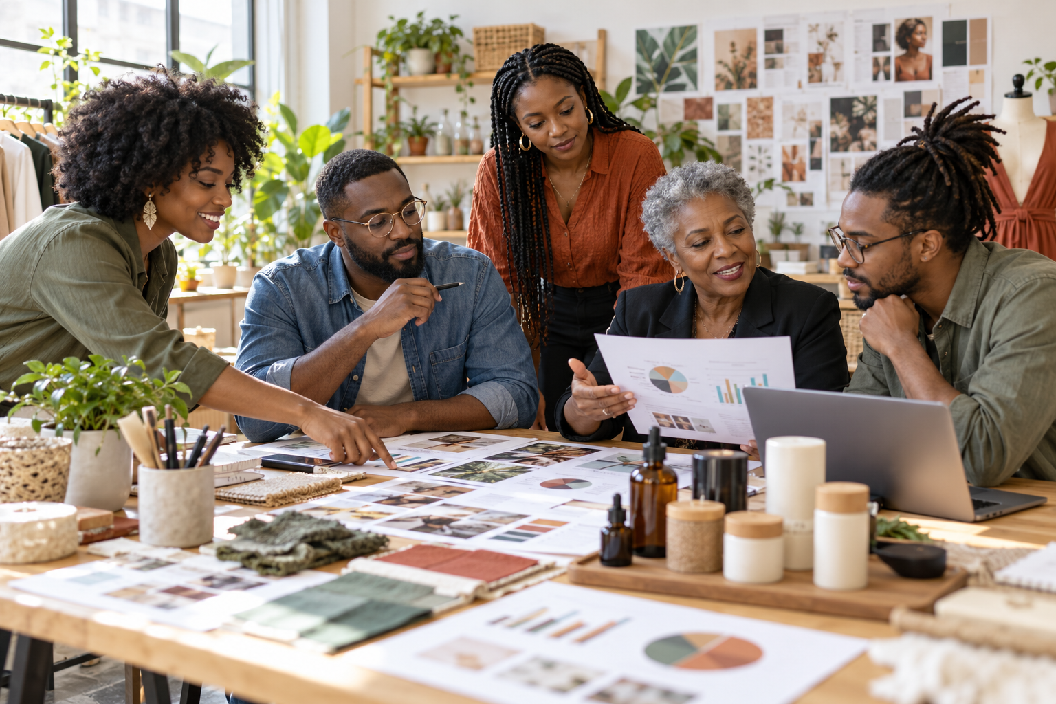 A multigenerational team studies customer research and charts