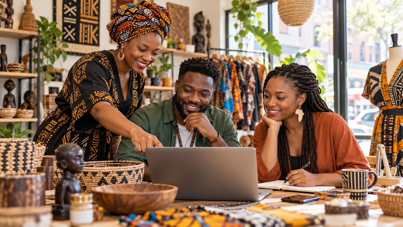 African diaspora entrepreneurs collaborate on marketing in a neighborhood shop